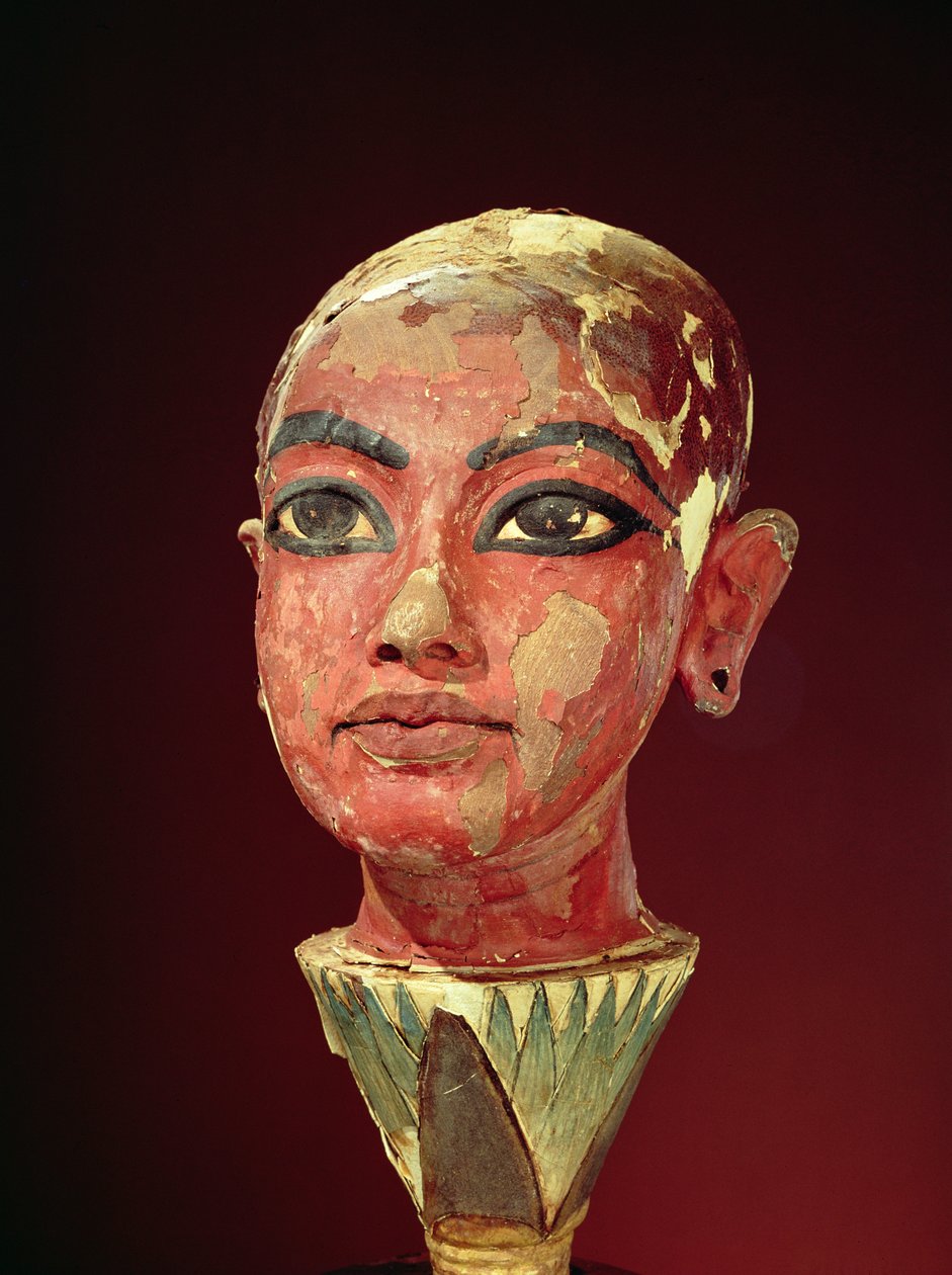 Head of the child king emerging from a lotus flower, from the Tomb of Tutankhamun, New Kingdom by Egyptian 18th Dynasty