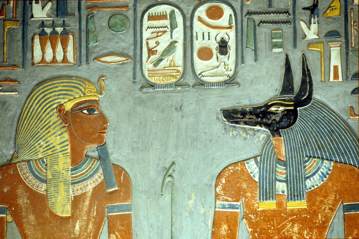 Horemheb and Anubis, from the Tomb of Horemheb (c.1323-1295 BC) New Kingdom (wall painting) (detail) by Egyptian 18th Dynasty