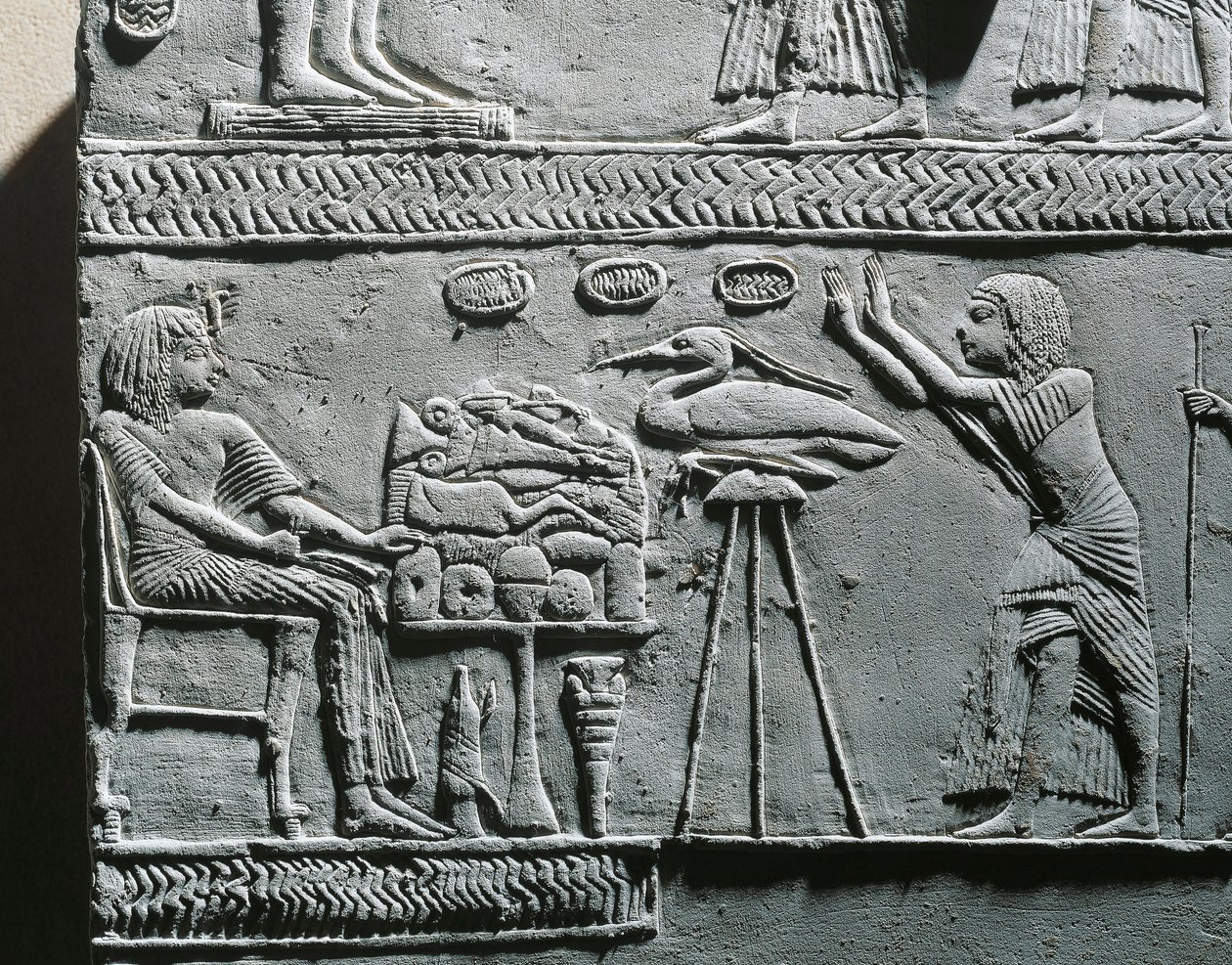 Horemheb eating funerary meal, relief from the tomb of Horemheb at Saqqara by Egyptian 18th Dynasty