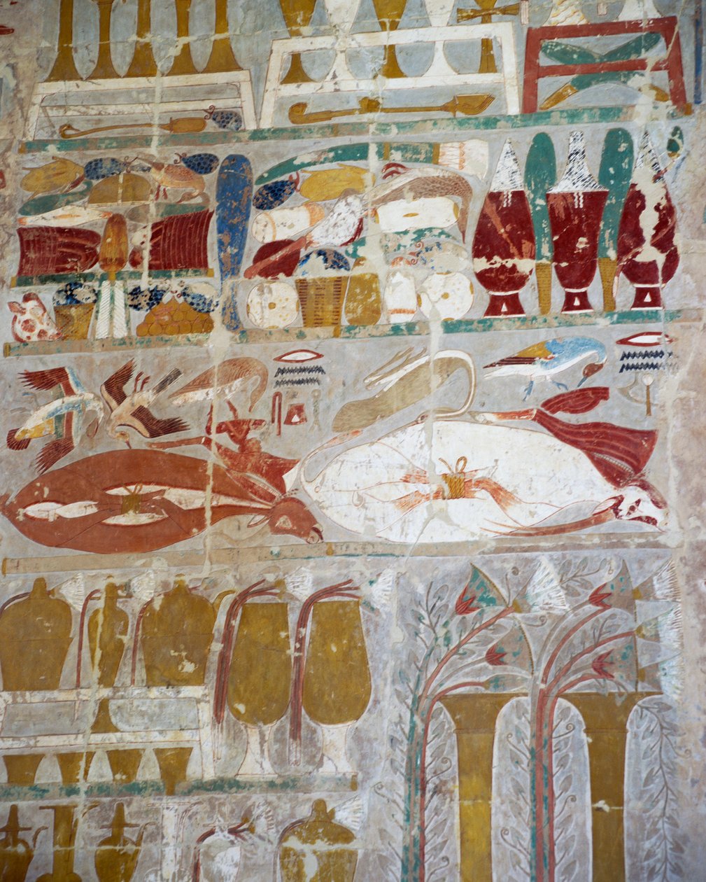 Provisions and pottery offered to gods by Queen Hatshepsut, painted relief, Chapel of Anubis, Mortuary Temple of Queen Hatshepsut, also known as Djeser-Djeseru, Deir el-Bahri, Thebes. Egyptian civilization, New Kingdom, Dynasty XVIII by Egyptian 18th Dynasty