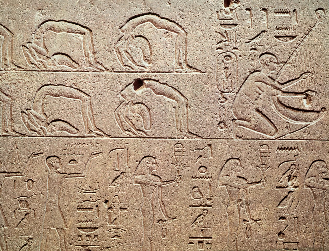Relief Depicting Acrobats and a Harpist, from Karnak, New Kingdom by Egyptian 18th Dynasty