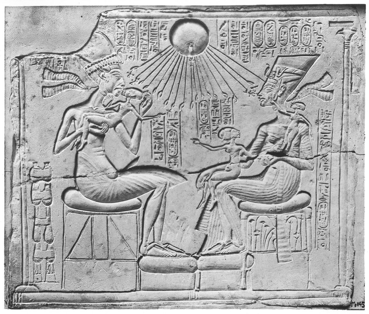 Relief Depicting the Aten Giving Life and Prosperity to Amenophis IV (Akhenaten) (c.1352-1336 BC) His Wife, Nefertiti and Three of Their Daughters, from Tell el-Amarna, New Kingdom, c.1375-1354 BC by Egyptian 18th Dynasty