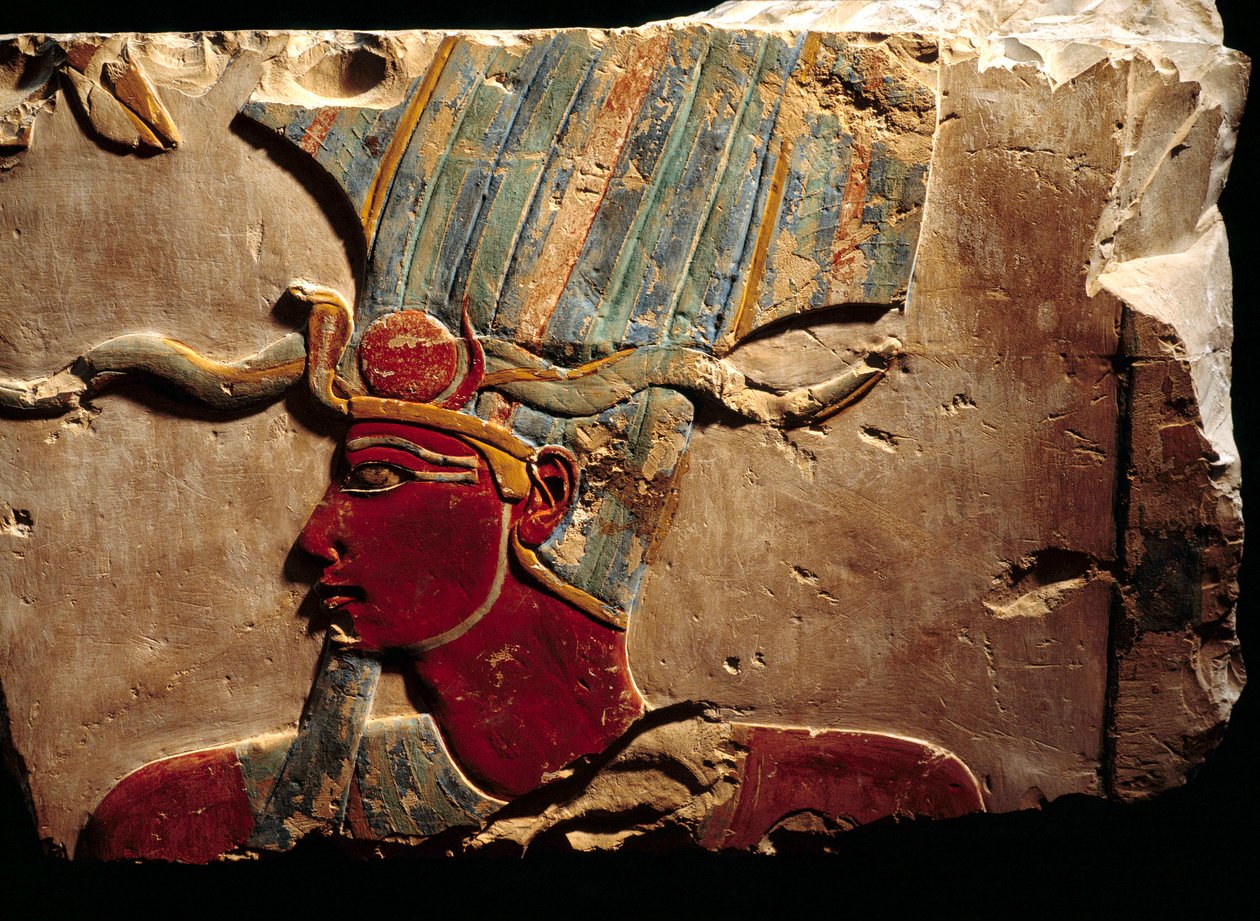 Relief representing the pharaoh Thutmosis III with Atef crown by Egyptian 18th Dynasty