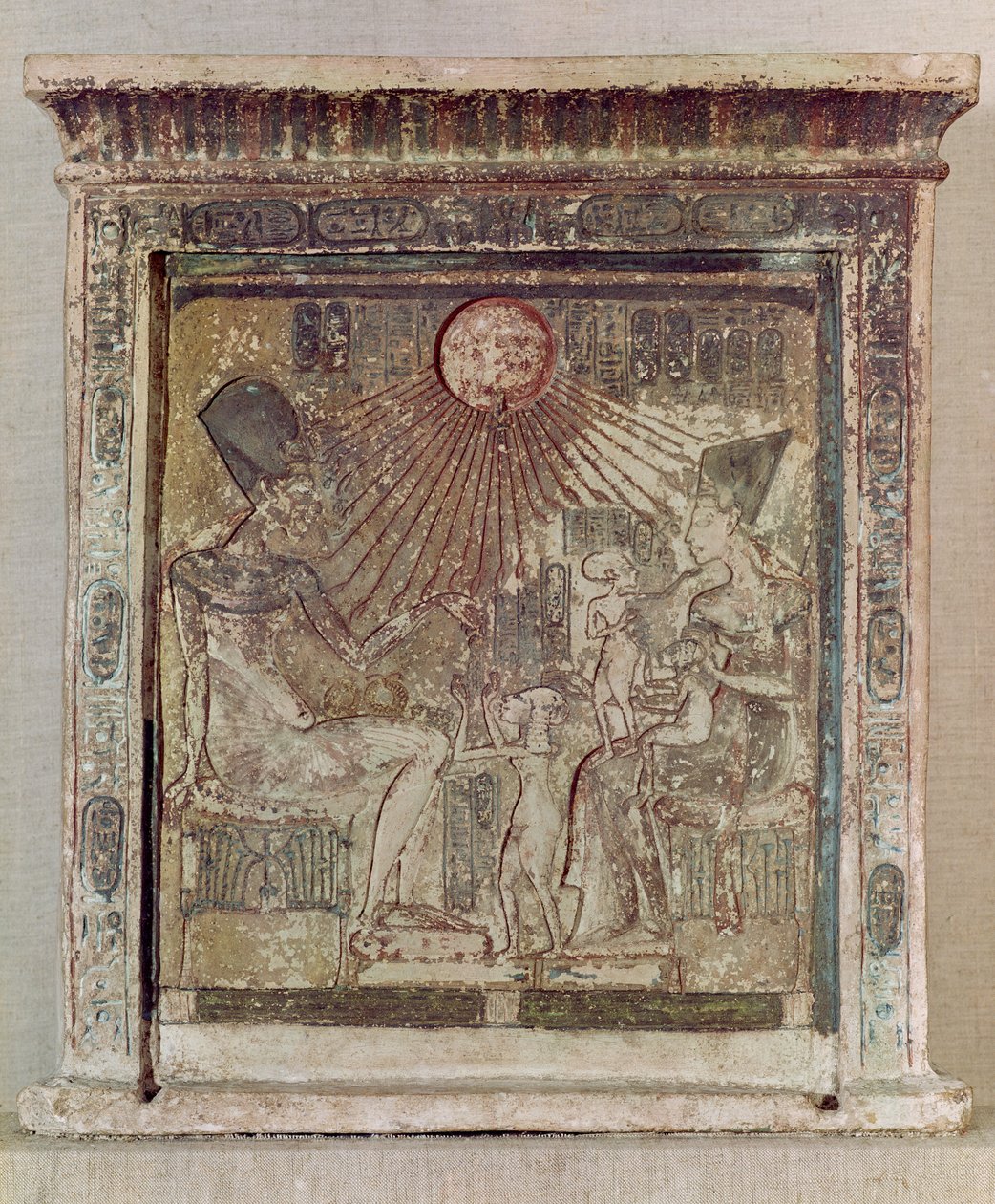 Stela Depicting the Aten Giving Life and Prosperity to Amenophis IV (Akhenaten), His Wife Nefertiti and Three of Their Daughters, from Tell el-Amarna, New Kingdom, c.1353-1337 BC by Egyptian 18th Dynasty