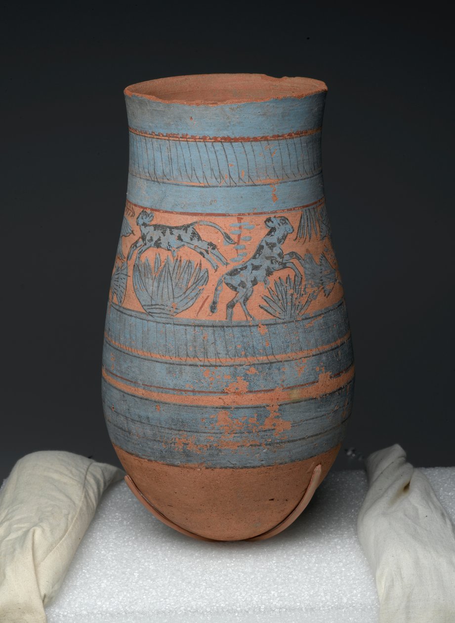 Teardrop shaped vase with painted designs of maidens, cows and swamp plants, New Kingdom, c.1390-1353 BC by Egyptian 18th Dynasty