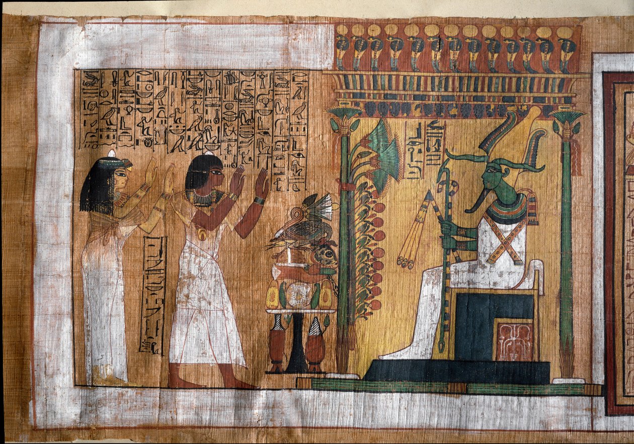 The deceased Kha and his wife Merit worship Osiris, lord of the afterlife - Papyrus from Book of the Dead, from the funerary chamber of architect Kha by Egyptian 18th Dynasty