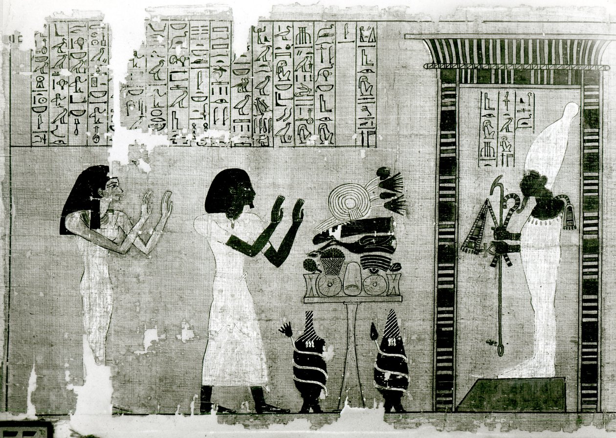 The deceased accompanied by his sister go to pay homage to Osiris, detail from the Book of the Dead by Egyptian 18th Dynasty