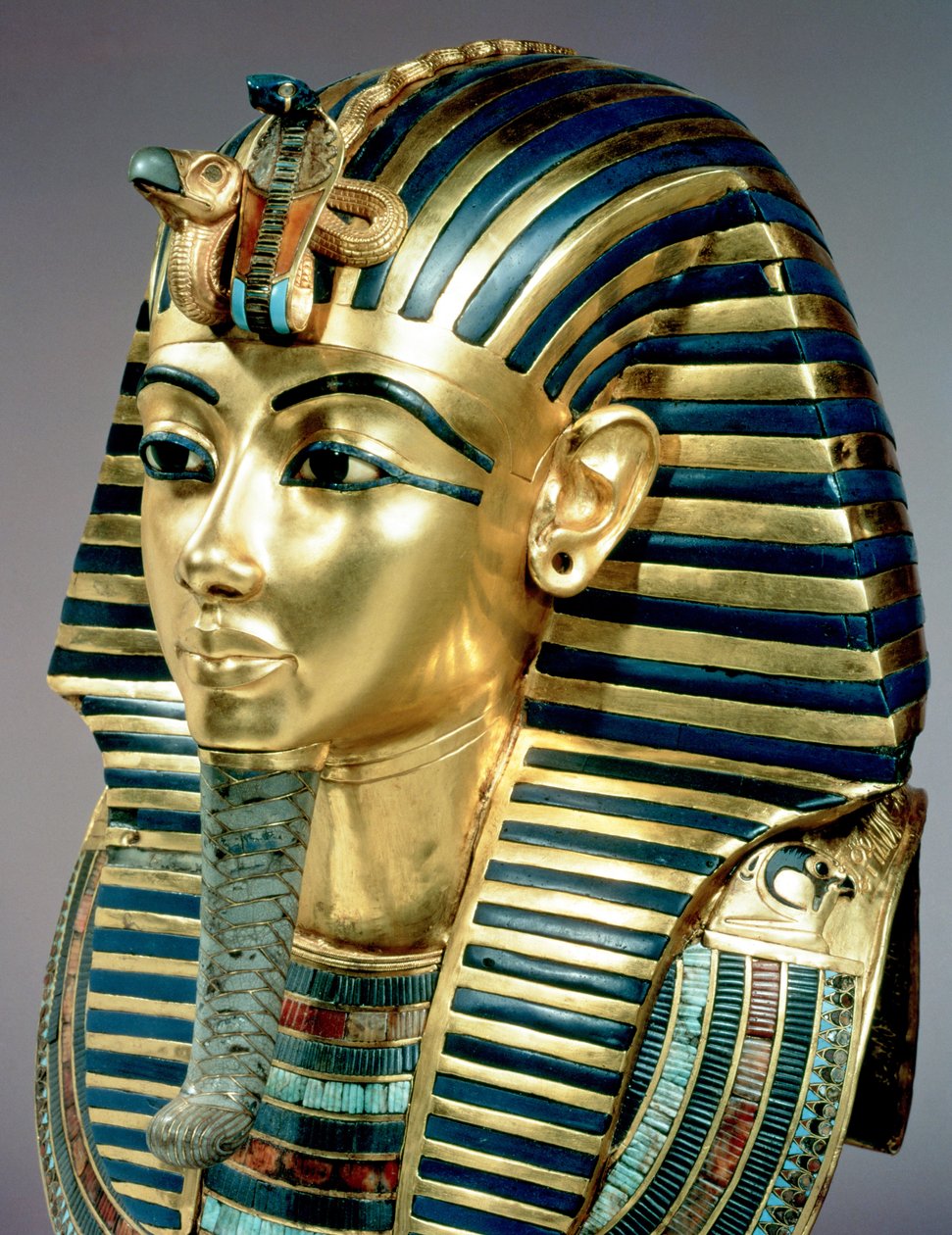 The gold funerary mask, from the tomb of Tutankhamun by Egyptian 18th Dynasty