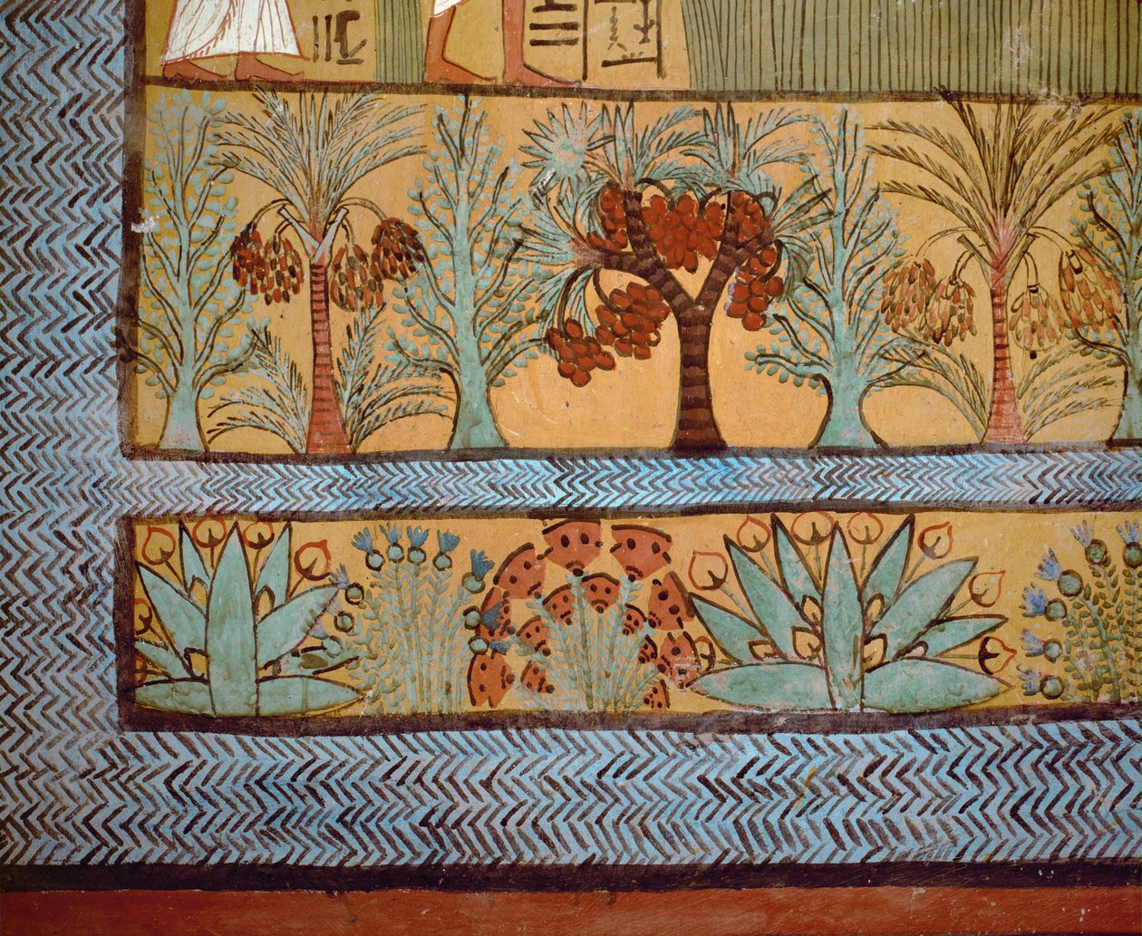Trees, cacti, and plants in a religious painting of the vaulted tomb chamber of Sennedjem by Egyptian 18th Dynasty