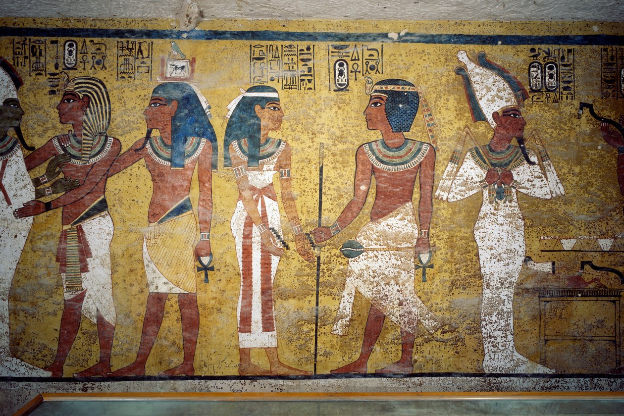 Tutankhamun before Osiris, pharaoh in front of goddess Nut and Ay performing opening of mouth ceremony, fresco, wall of burial chamber, Tomb of Tutankhamun, Valley of the Kings, Thebes, Egypt. Egyptian civilization, New Kingdom, Dynasty XVIII by Egyptian 18th Dynasty