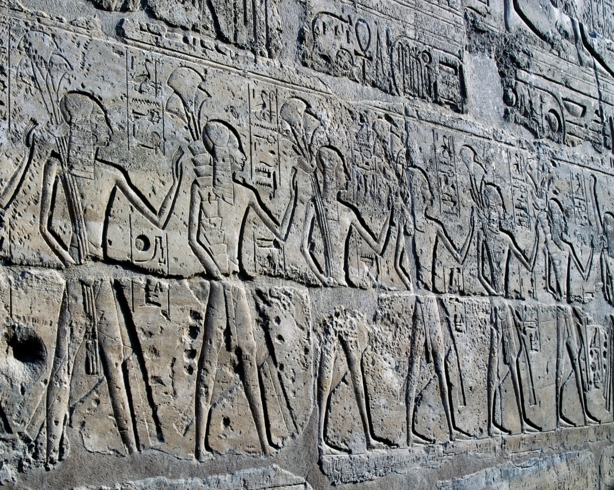 Characters symbolizing mining districts bringing their tributes to god, relief, Ramesses II Courtyard, Temple of Amun by Egyptian 19th Dynasty