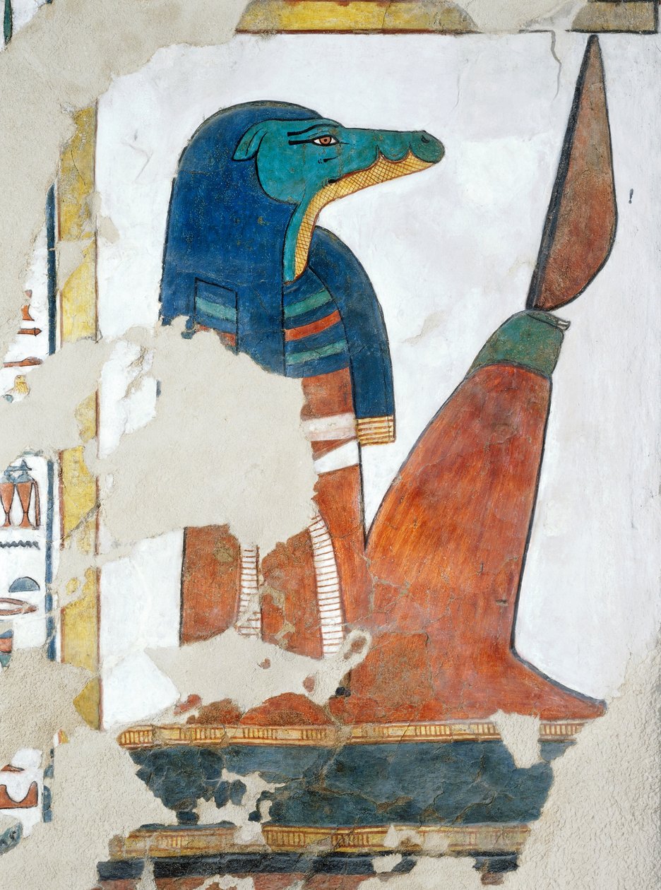 Crocodile-headed guardian of the third gate to the Kingdom of Osiris, chapter 146 of the Book of the Dead, fresco, burial chamber, Tomb of Nefertari (QV66), Valley of the Queens, Thebes. Egyptian civilization, New Kingdom, Dynasty XIX by Egyptian 19th Dynasty