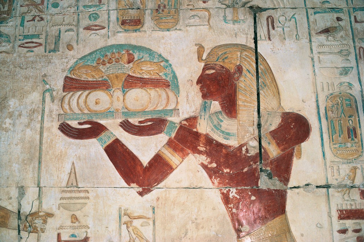 Egypt, Abydos, Temple of Pharaoh Seti I, Osiris Chapel, Painted Relief Depicting Offering Bearer by Egyptian 19th Dynasty