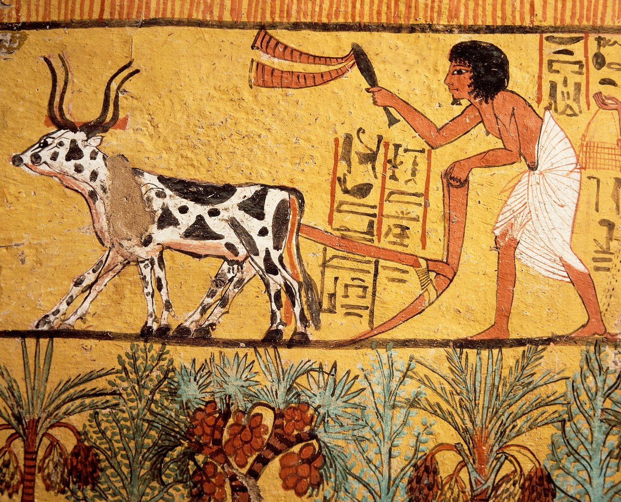 Egypt, Ancient Thebes, Deir el-Medina, Tomb of Sennedjem, Mural Painting Depicting Sennedjem Ploughing Fields of Iaru by Egyptian 19th Dynasty