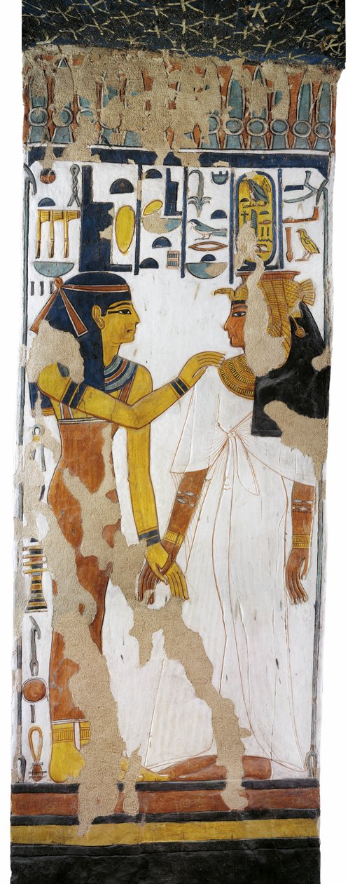 Valley of the Queens, Tomb of Nefertari, mural painting of Isis and queen on pillar in Burial chamber from 19th dynasty by Egyptian 19th Dynasty