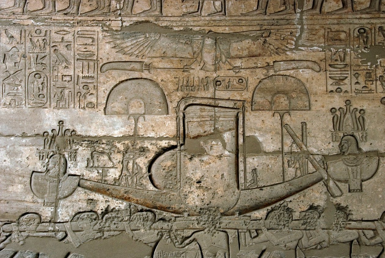 Reliefs Representing the Procession of the Sacred Boat, Memorial Temple Dedicated to Pharaoh Ramses II, Ramasseum Site, Luxor, Egypt by Egyptian 19th Dynasty