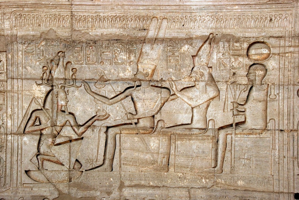 Relief Depicting Pharaoh Ramses II in Front of the Deities of the Theban Triad, Funeral Temple Dedicated to Pharaoh Ramses II, Ramasseum Site, Luxor, Egypt by Egyptian 19th Dynasty
