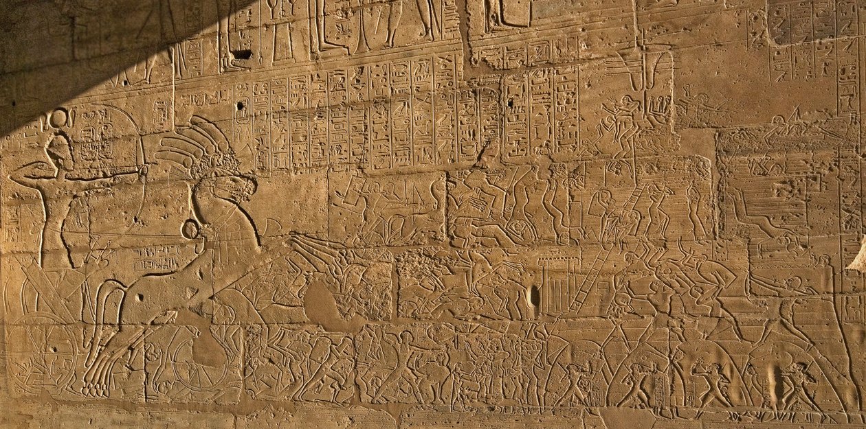 Egyptian Antiquities: View of the Reliefs Celebrating the Feats of Ramses II During the Battle of Qadesh in 1274 BC, Funeral Temple Dedicated to Pharaoh Ramses II by Egyptian 19th Dynasty