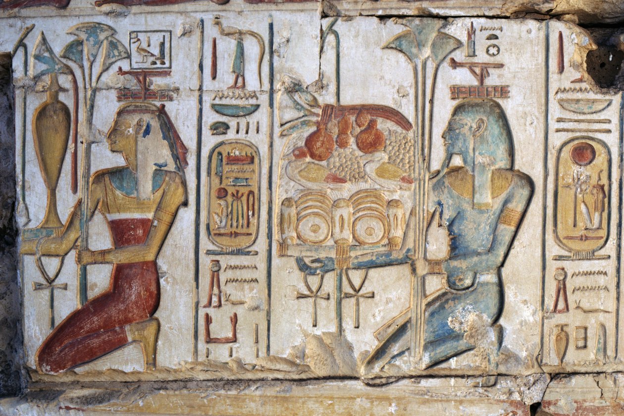 Offering scene, relief, Temple of Ramses II, Abydos, Egypt, Egyptian civilization, New Kingdom, Dynasty XIX by Egyptian 19th Dynasty