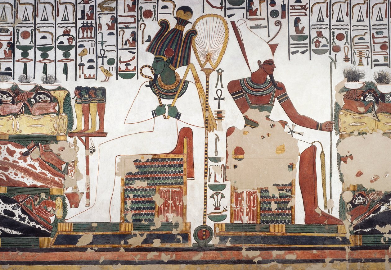 Osiris and Atum, fresco, east wall, east side chamber, Tomb of Nefertari (QV66), Valley of the Queens, Thebes by Egyptian 19th Dynasty