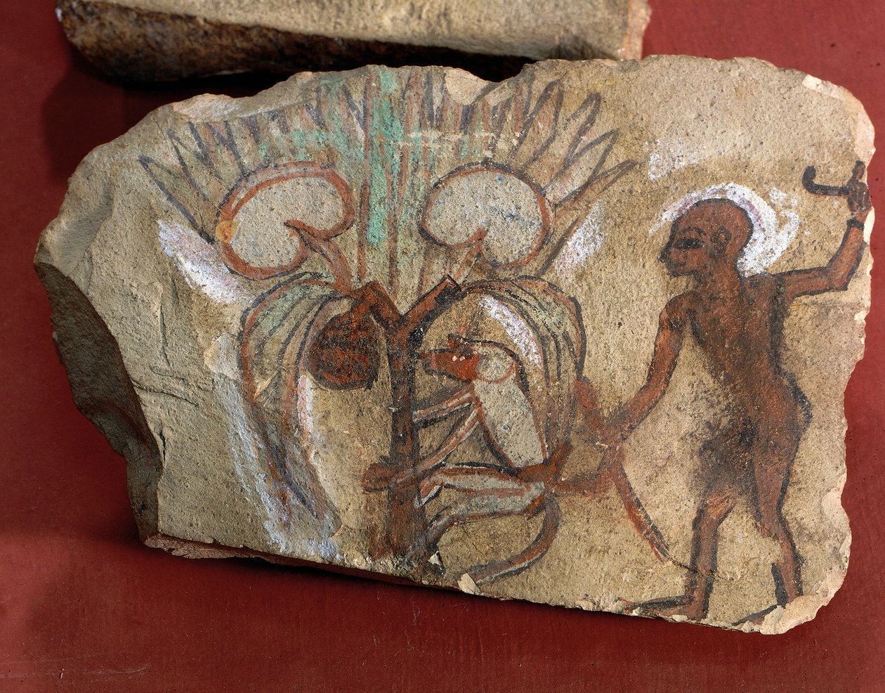 Ostrakon depicting a monkey picking dates watched by a young man from Egypt, West Thebes, Deir el-Medina by Egyptian 19th Dynasty
