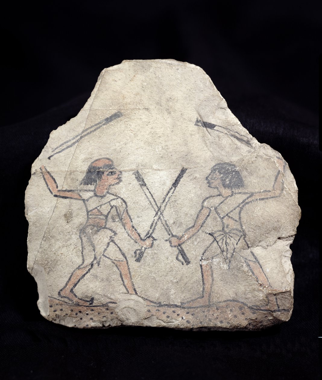 Ostrakon depicting two men fighting with sticks, from Deir El-Medina, New Kingdom by Egyptian 19th Dynasty
