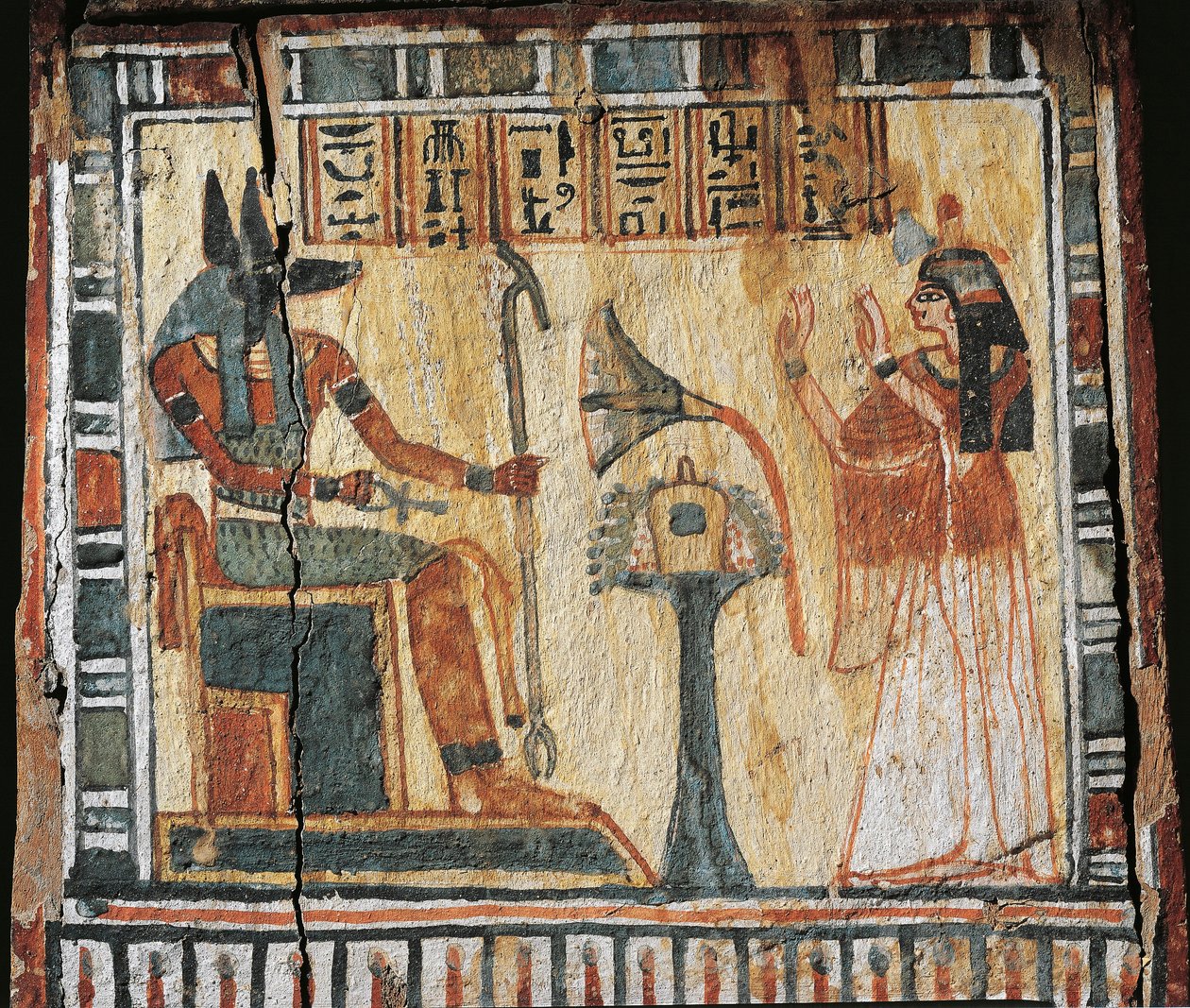 Painted Wood Box Depicting Deceased and God Anubis, for Shabtis of Tamutnofret by Egyptian 19th Dynasty