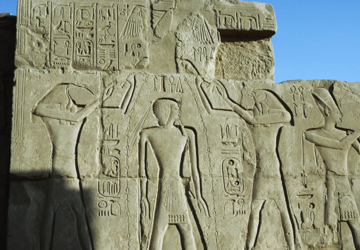 Purification scene, relief, Temple of Amun, Karnak temple complex by Egyptian 19th Dynasty