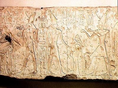 Relief depicting Ramesses II (1279-1213 BC) making ritual offerings to the family of Osiris, detail of the right hand side with Ramesses offering two flasks of wine to Horus, from Abydos, New Kingdom by Egyptian 19th Dynasty