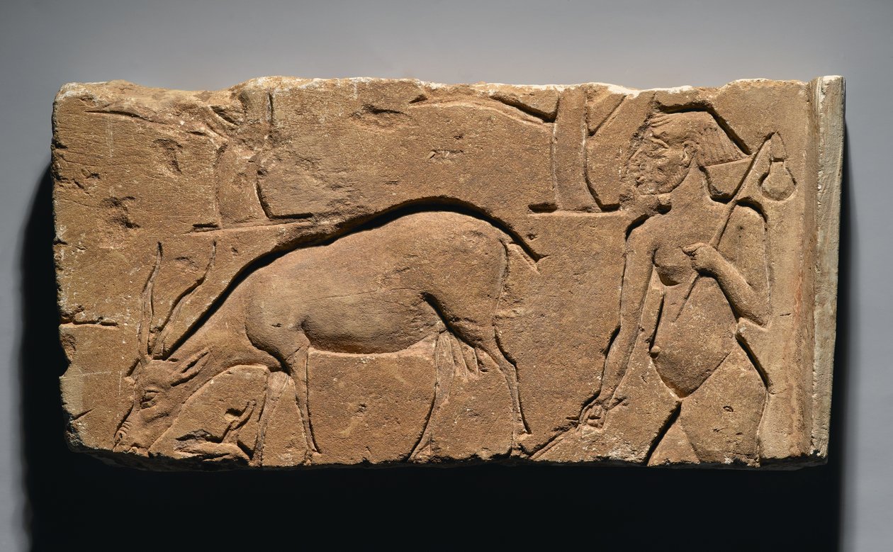 Relief Depicting a Goatherd with a Goat and Trees, possibly from Tell el-Amarna, New Kingdom, 1350-1333 BC by Egyptian 19th Dynasty