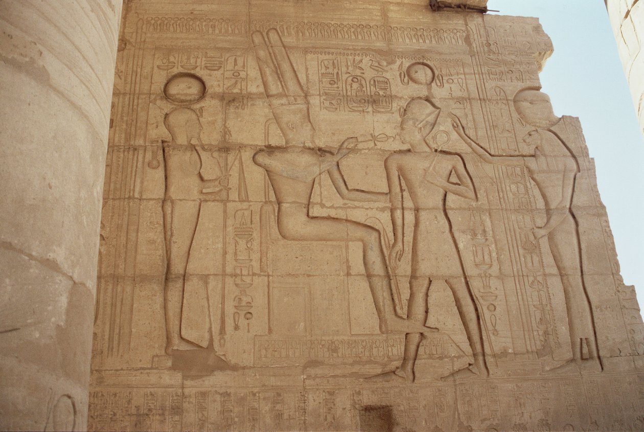 Relief depicting the lioness-headed goddess Mut presenting Ramesses II to an enthroned Amun, who gives him an ankh, from the Great Hypostyle Hall by Egyptian 19th Dynasty