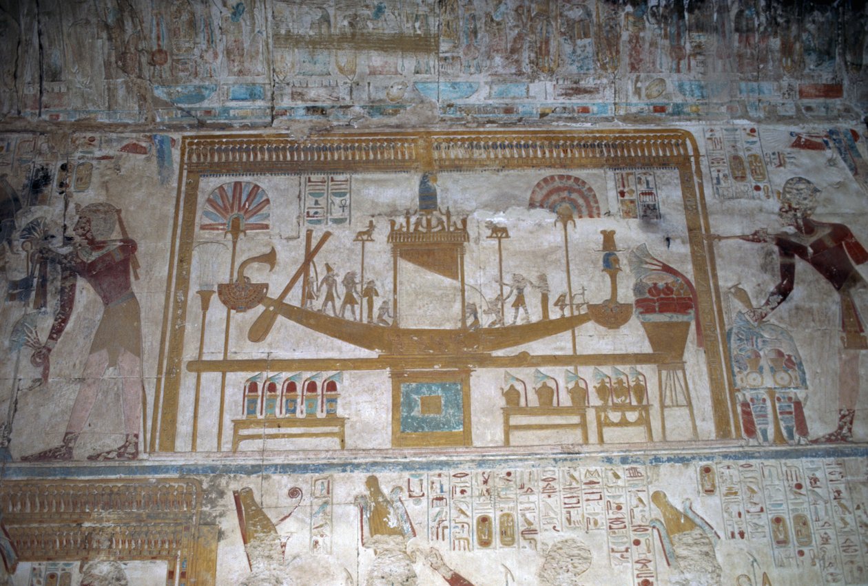Sacred boat, bas relief, chapel of Osiris, Temple of Seti I by Egyptian 19th Dynasty