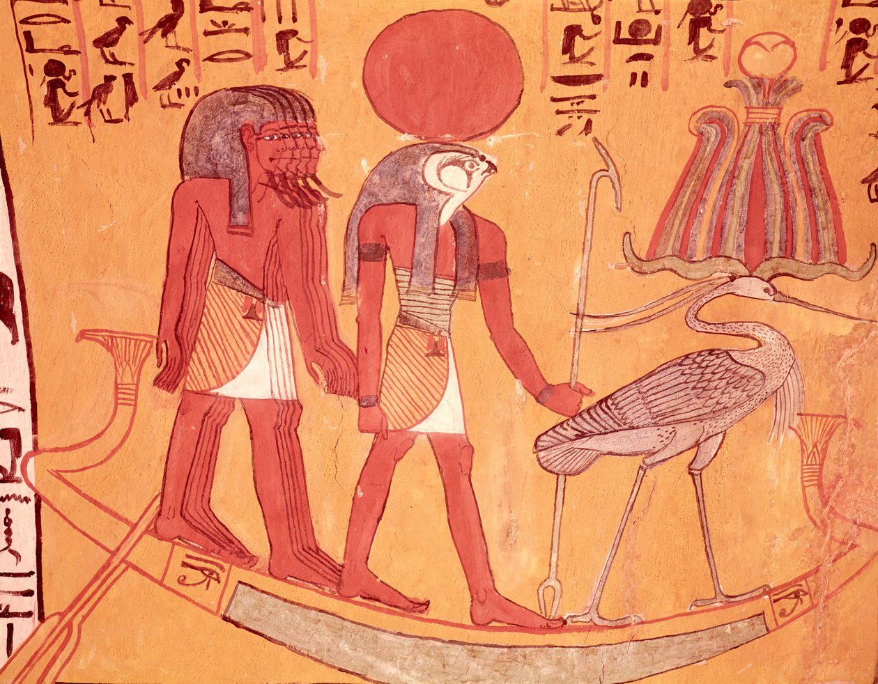 Solar Barque with Re-Horakhty, the Benu Bird and Four Other Deities, from the Tomb of Sennedjem, The Workers Village, New Kingdom by Egyptian 19th Dynasty
