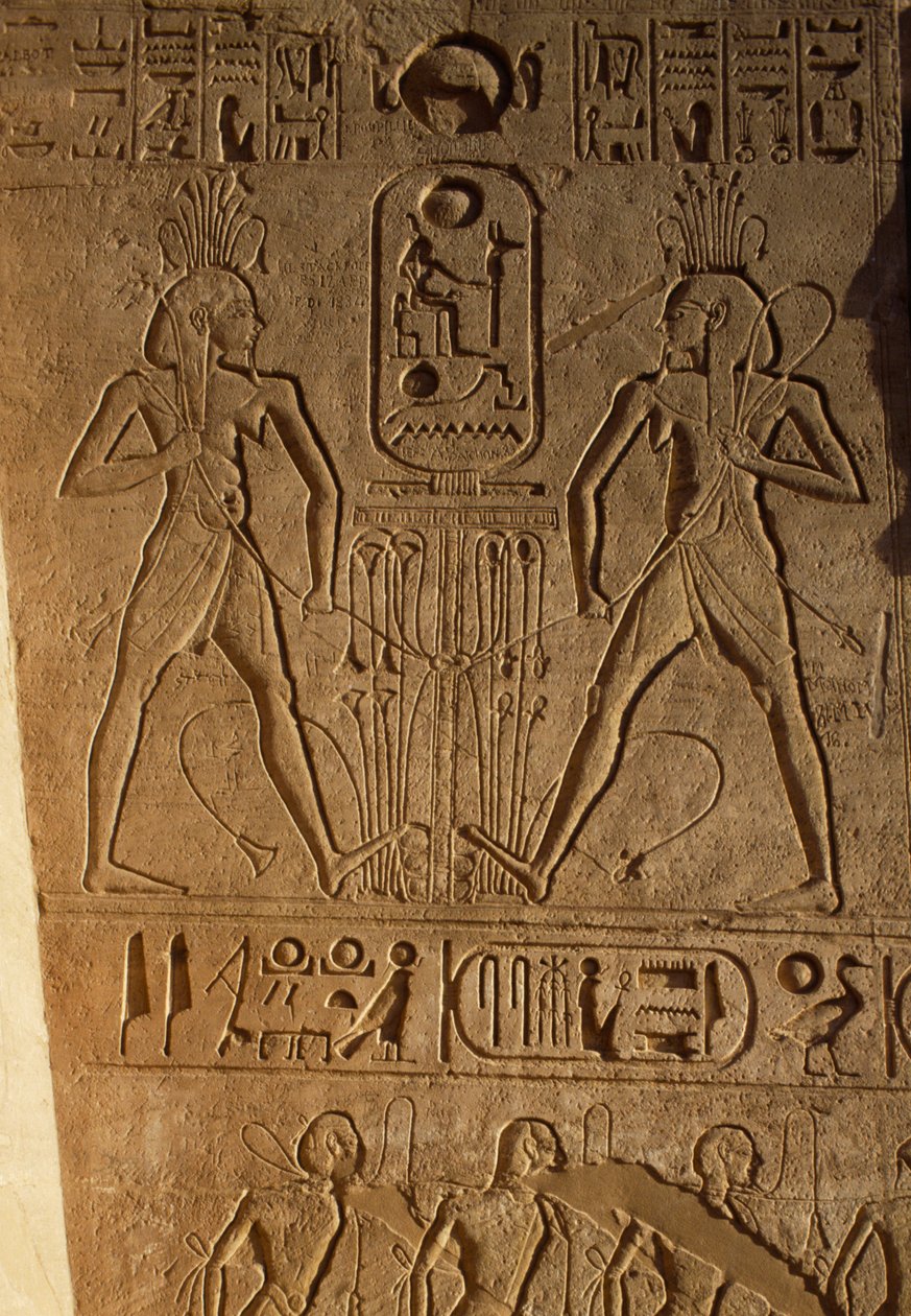 Union between Upper and Lower Egypt and cartouche of Pharaoh, relief on base of thrones, Temple of Ramesses II, Abu Simbel, Egypt, New Kingdom, Dynasty XIX by Egyptian 19th Dynasty