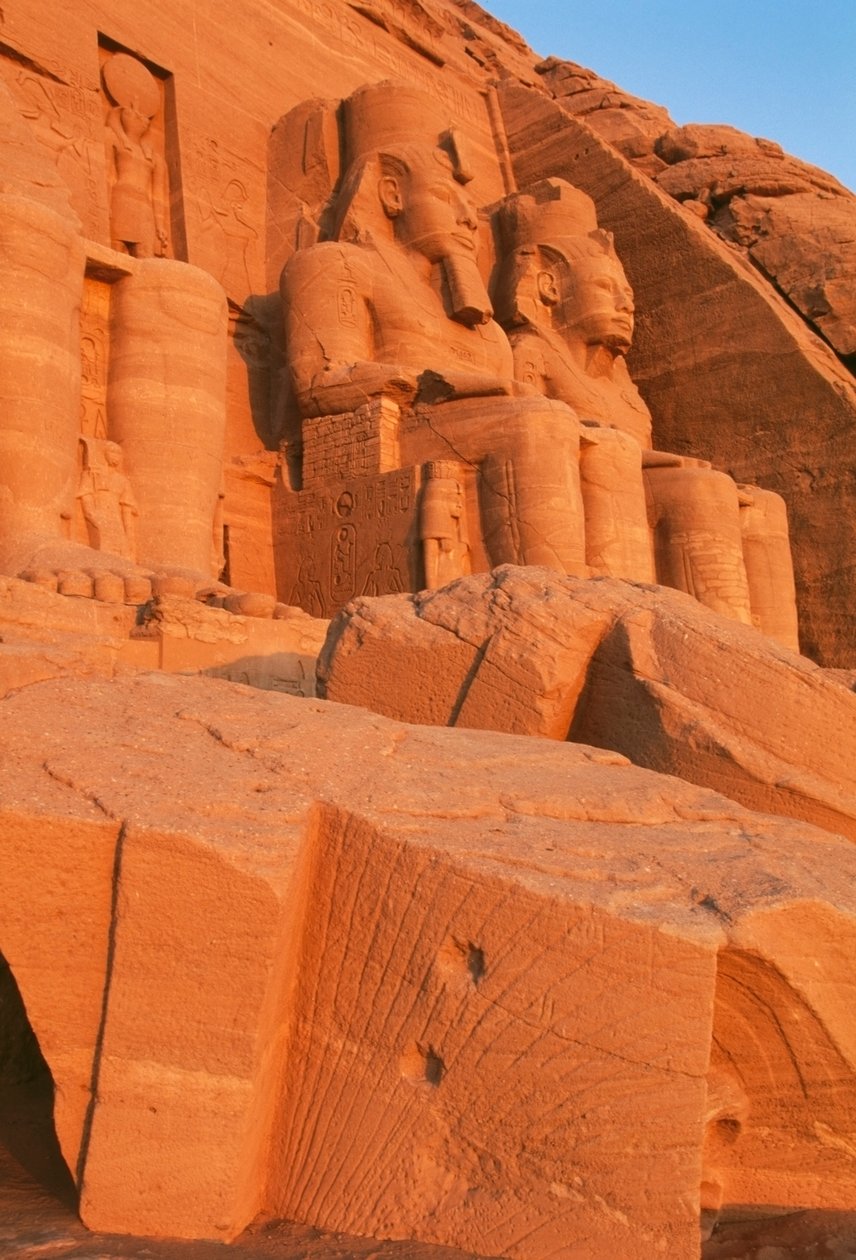View of the Facade of the Great Temple of Ramesses II at Dawn, Abu Simbel (UNESCO World Heritage List) by Egyptian 19th Dynasty