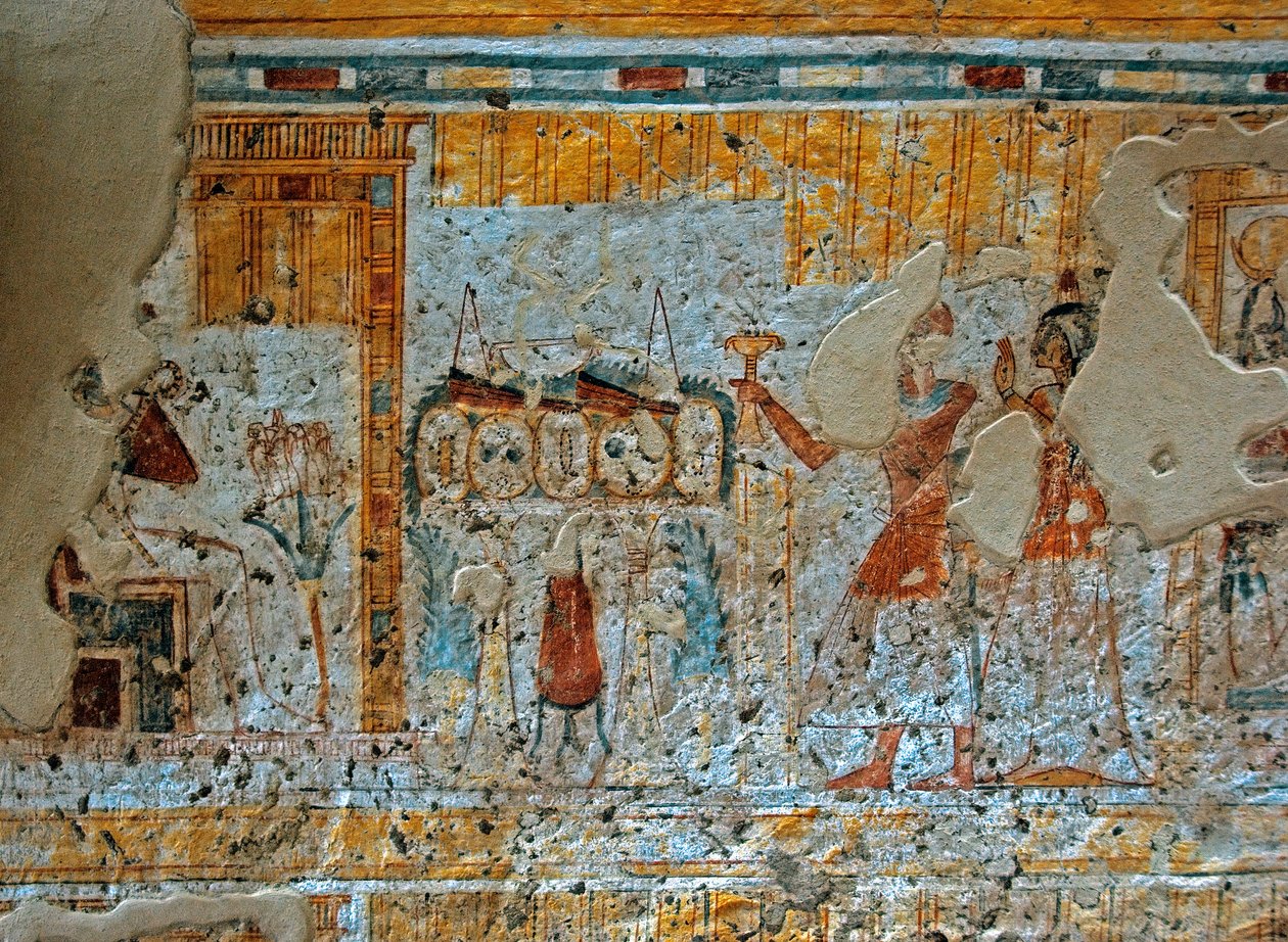 Representation of Shuroy and his wife worshipping the god Osiris sitting in front of the four sons of Horus in a papyrus leaf. Painting of the Tomb of Shuroy (TT13). 20th dynasty. 1190-1077 BC Necropolis of Dra Abu el-Naga, West Bank of Luxor, Egypt by Egyptian 20th Dynasty