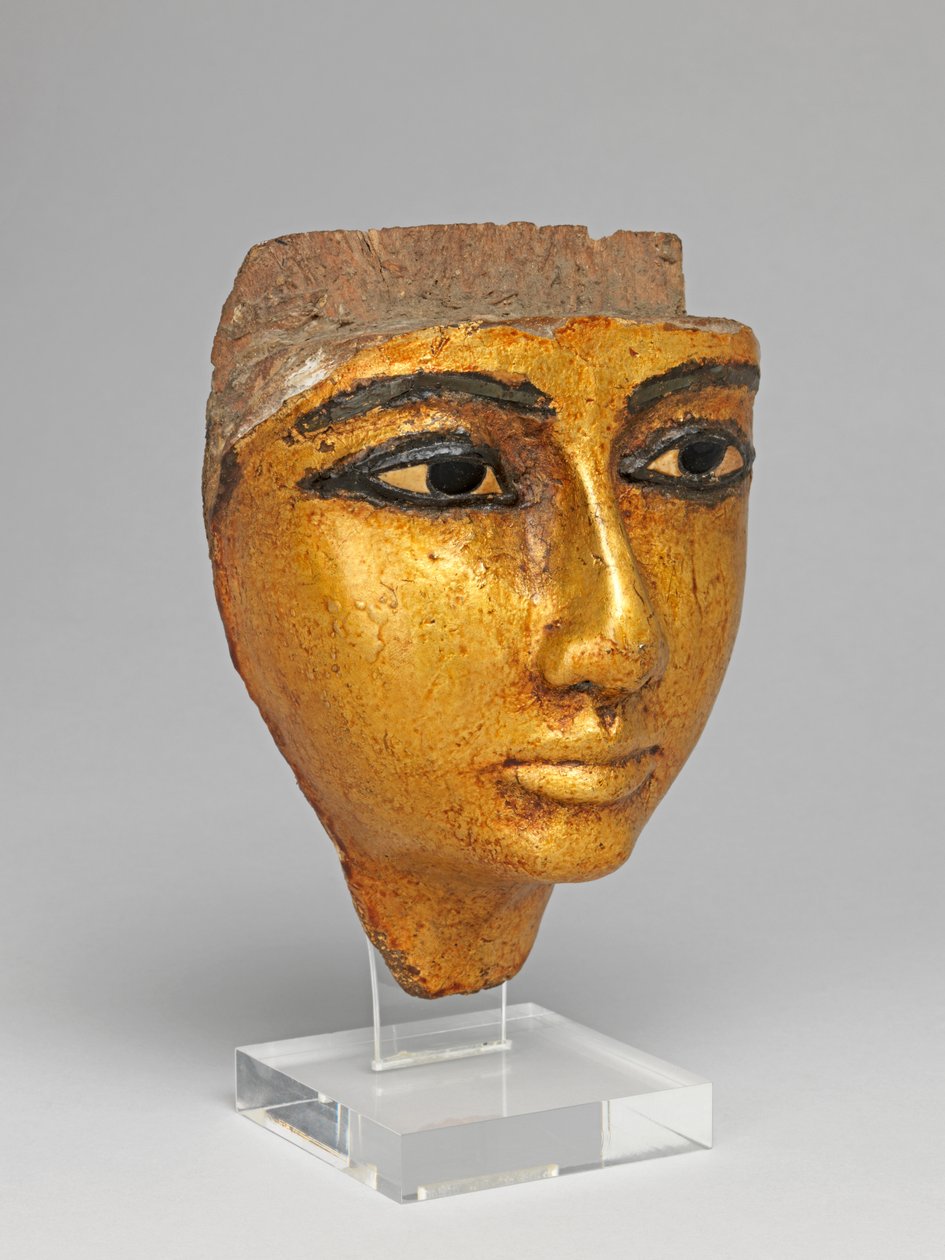 Face from a coffin, with eyes and eyebrows inlaid, gilded by Egyptian 20th Dynasty