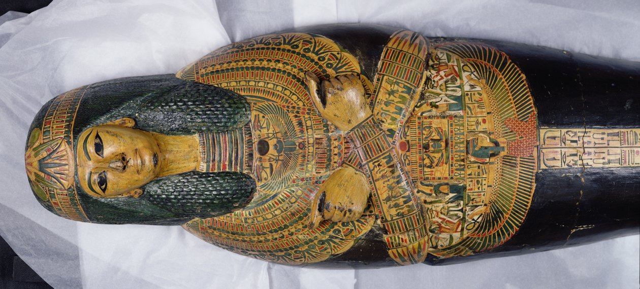 Inner lid of the mummy of Nesyamun, possibly found at Deir El-Bahri, New Kingdom, c.1100 BC (detail) by Egyptian 20th Dynasty