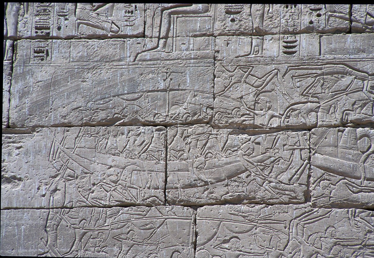 The Sea People, Naval Battle of Ramses III, Medinet Habu, 1195-64 BC by Egyptian 20th Dynasty