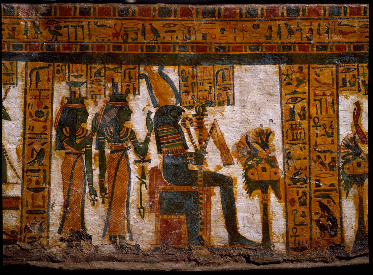 Isis and Nephtys Worshipping Osiris. Anthropoid Sarcophagus of the Scribe Butehamon, 21st Dynasty (1085-935 BC). Museum of Egypt, Turin by Egyptian 21st Dynasty