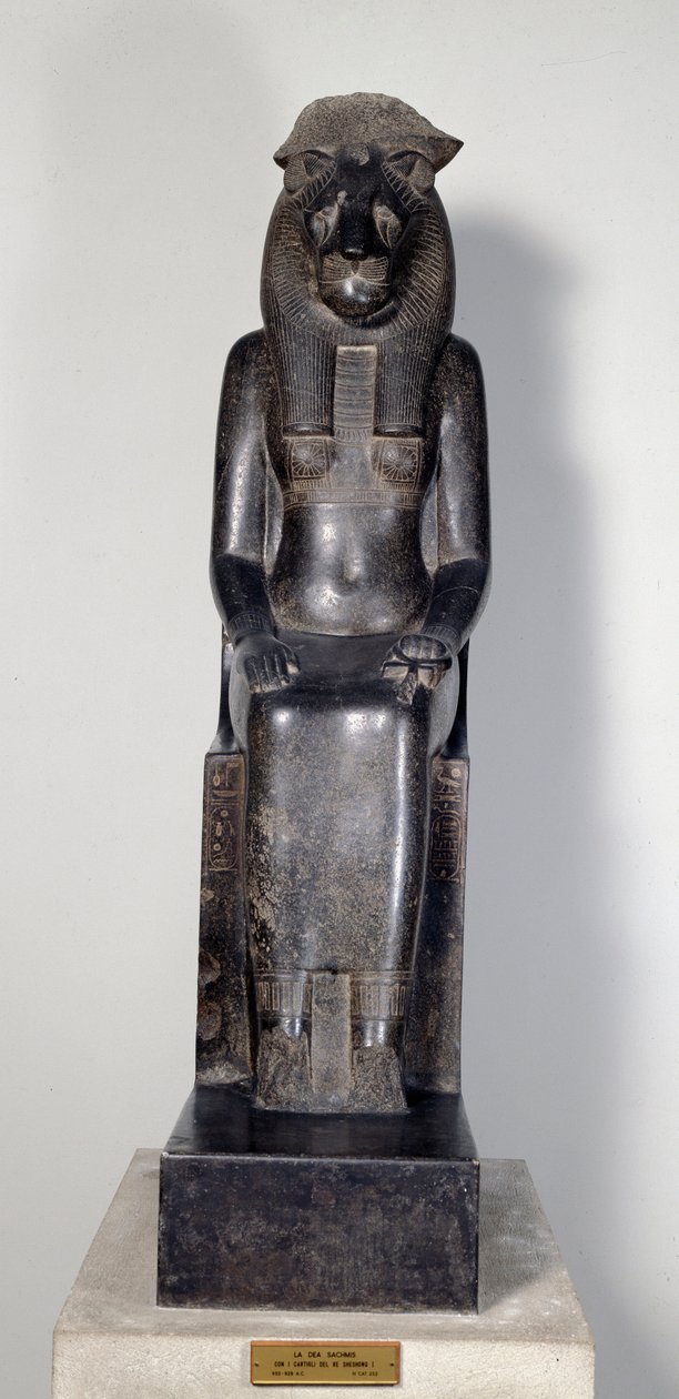 Egyptian antiquity: the lioness deity Sekhmet with the cartridge of King Sheshonq I. Statue of black granite. 950-929 BC. Turin, Egyptian museum by Egyptian 22nd Dynasty