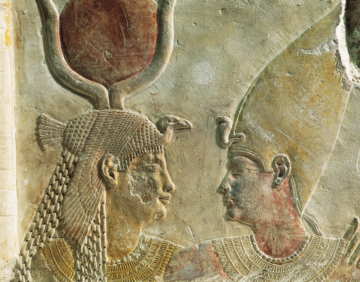 King Nectanebo II Welcomed by Goddess Isis, Painted Limestone Relief, from Serapeum at Saqqara (detail) by Egyptian 30th Dynasty