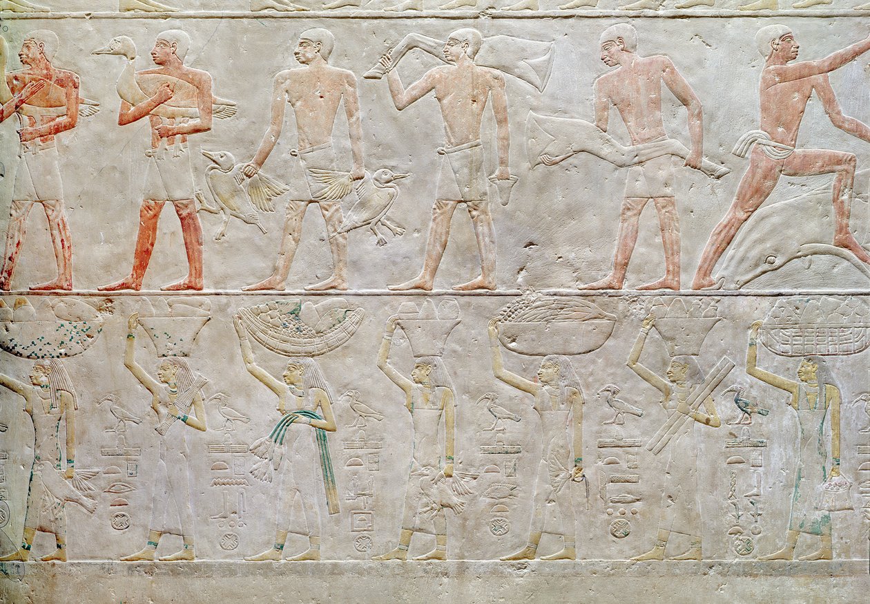 Relief depicting people carrying offerings of food, from the Mastaba of Akhethotep, Old Kingdom, c.2400 BC by Egyptian 5th Dynasty