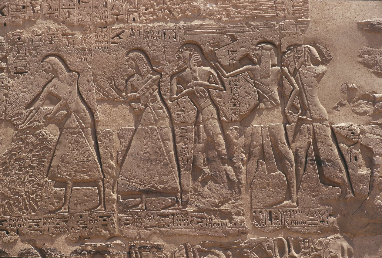 Relief of Scribe and Captive in Fortified Temple of Ramses III at Medinet Habu by Egyptian Egyptian