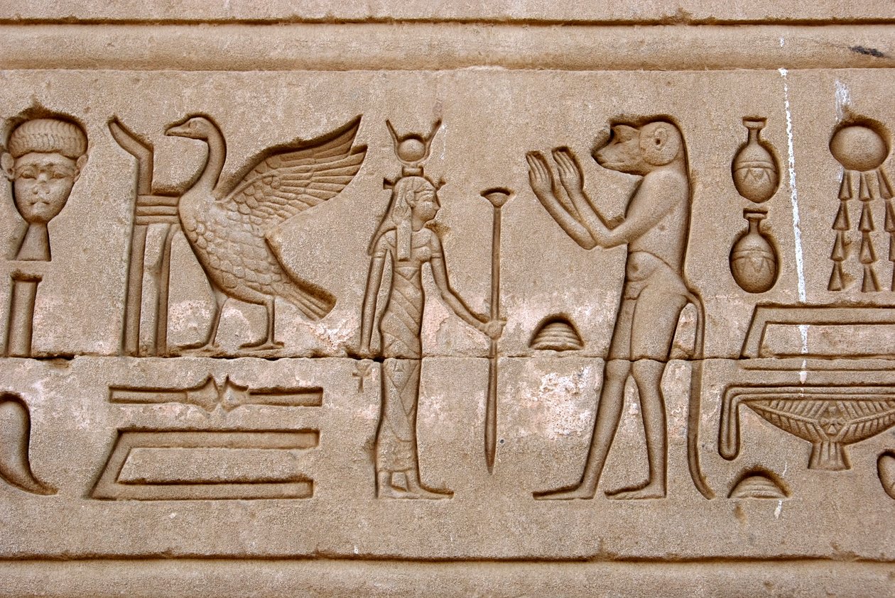 Egyptian antiquity: hieroglyphs on the eastern wall of Hathor Temple, Denderah, Egypt - Egyptian civilization: hieroglyphs carved on the wall of Hathor Temple (or Temple of Tentyra) in Denderah, built under the reign of Pepi I (ca. 2250 BC) - Dendera Templ by Egyptian Ptolemaic Period