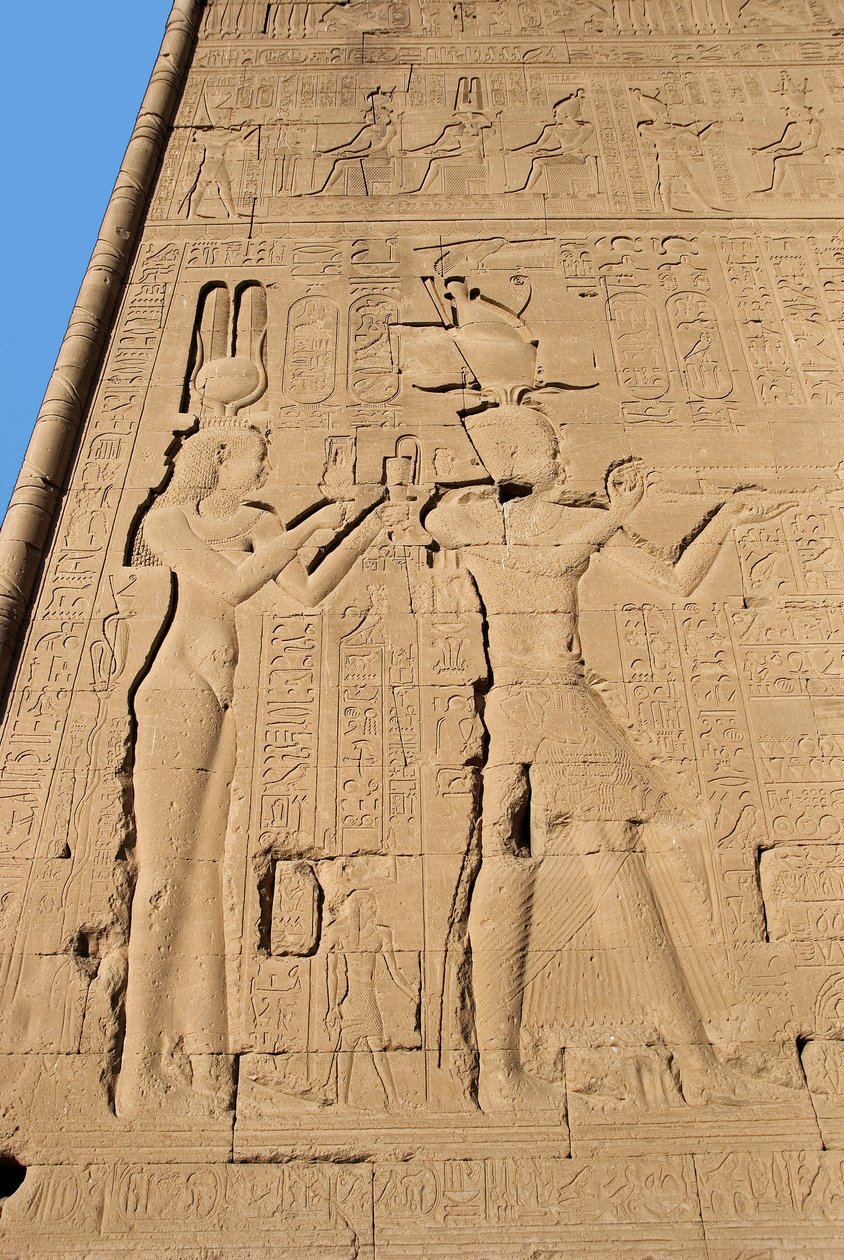 Egyptian antiquity: relief from the back wall of the temple dedicated to the goddess Hathor representing Cleopatra and Caesarion. Denderah, Egypt by Egyptian Ptolemaic Period