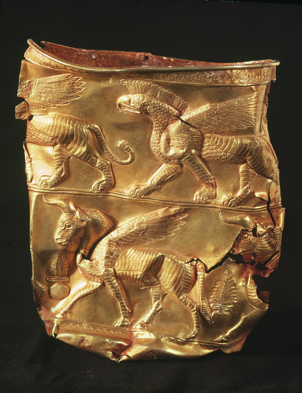 Beaker decorated with winged bull and monsters with eagle heads, from Marlik, Iran by Elamite