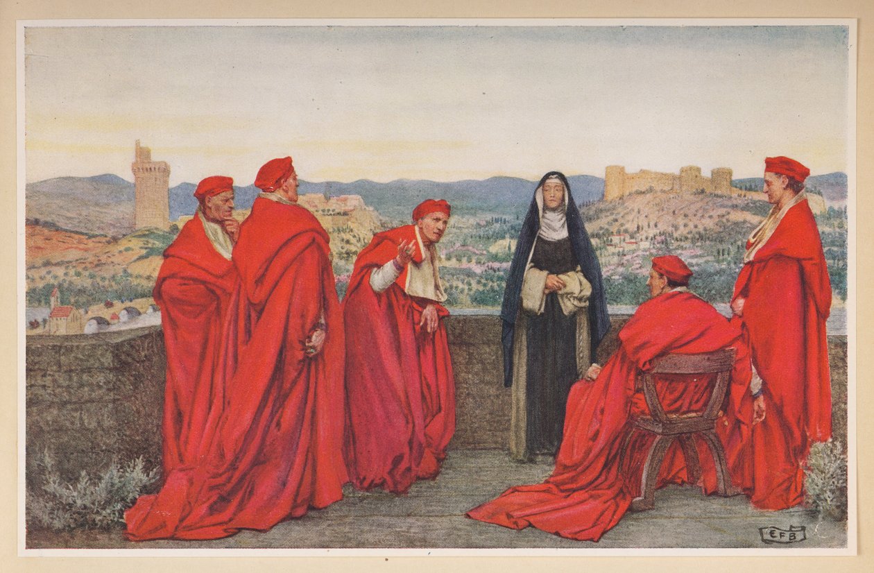 St. Catherine of Siena negotiating with Pope Gregory XI on behalf of the Florentines. by Eleanor Fortescue-Brickdale