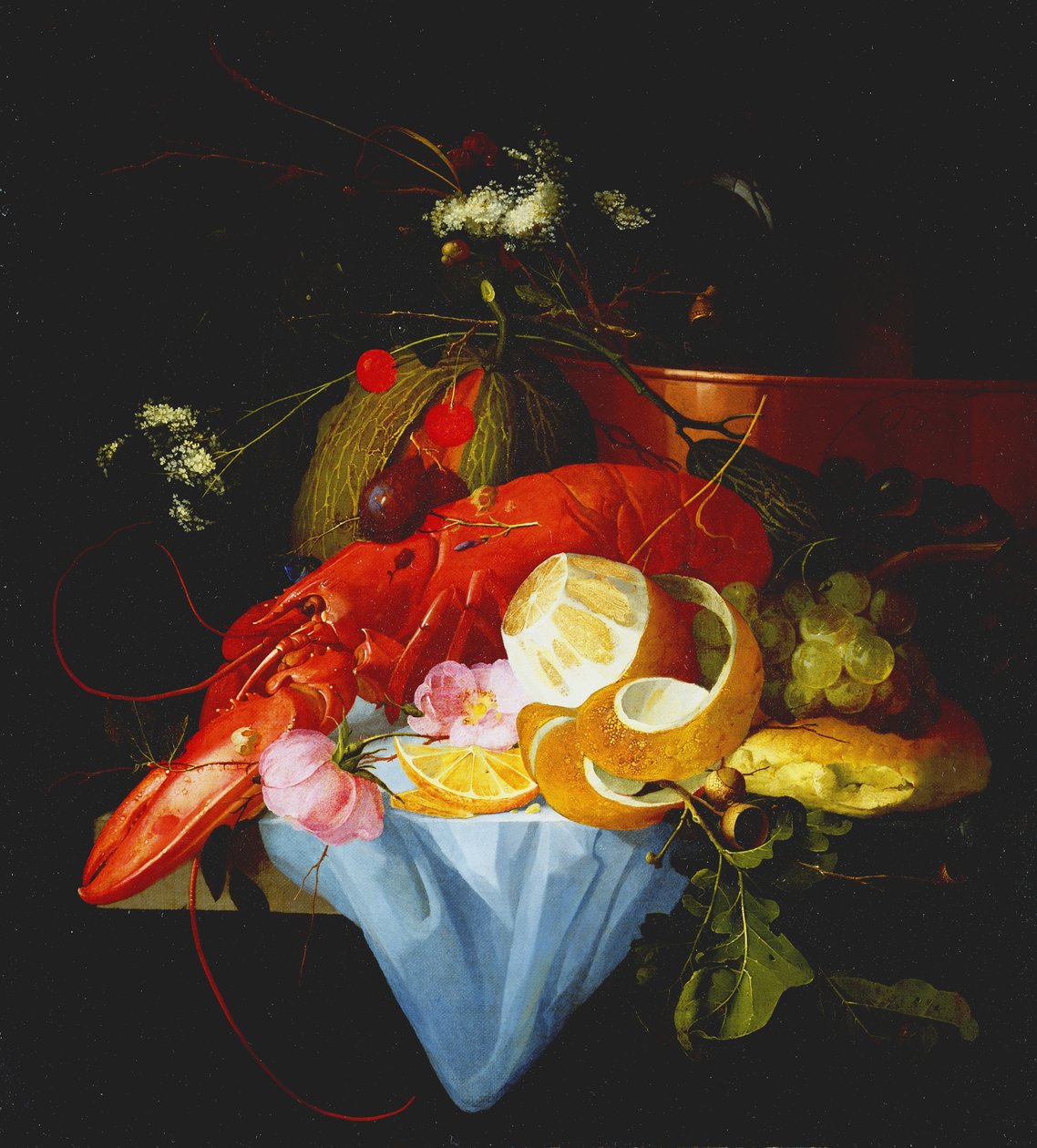 A Still Life with Lobster, Lemon and Grapes by Elias van den Broeck