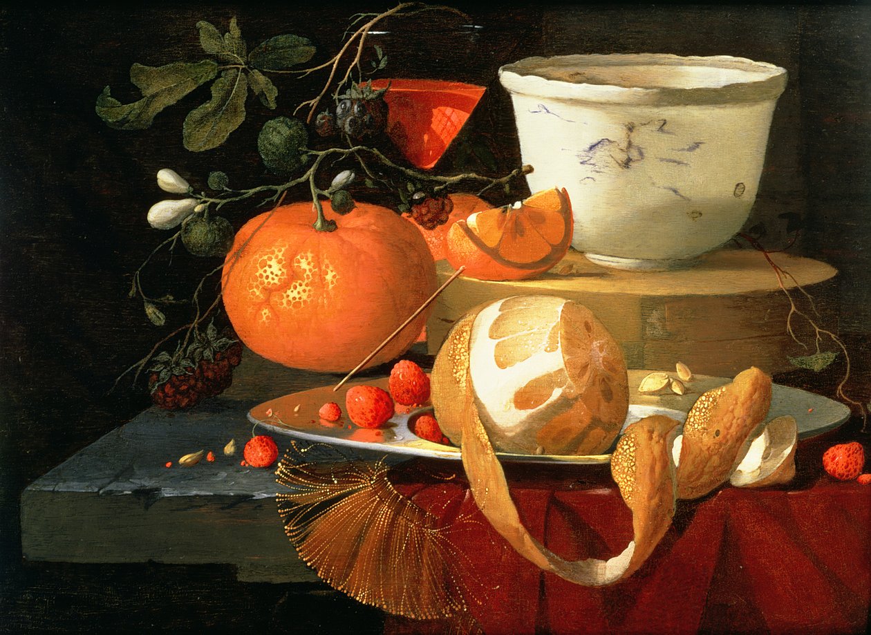 Still life of an orange, a lemon and strawberry on a pewter plate, a wan-li bowl behind by Elias van den Broeck